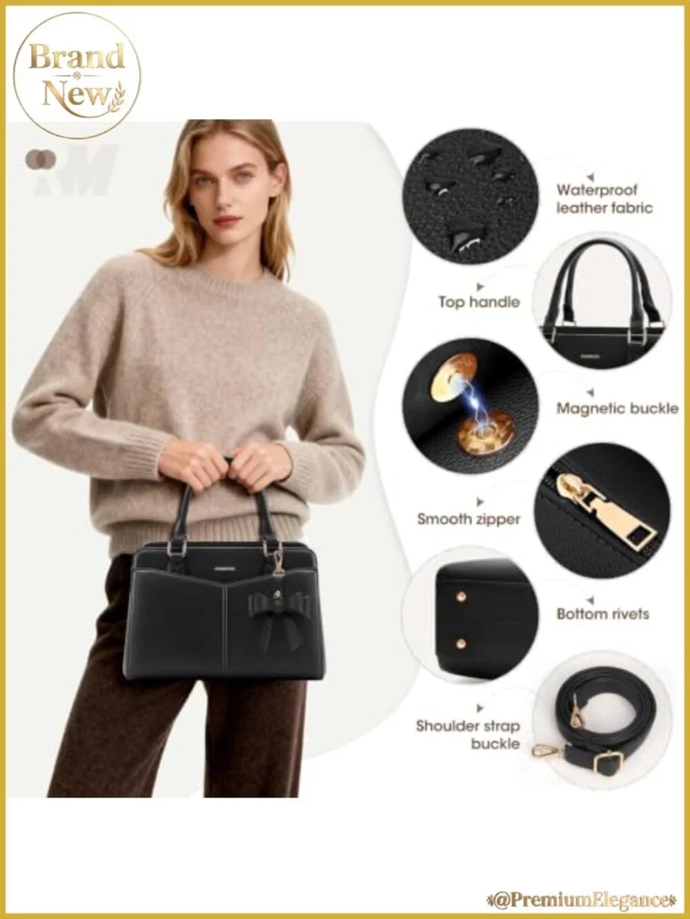 Structured Satchel Purse, Waterproof PU Leather Work Handbag with Bowknot, Fits